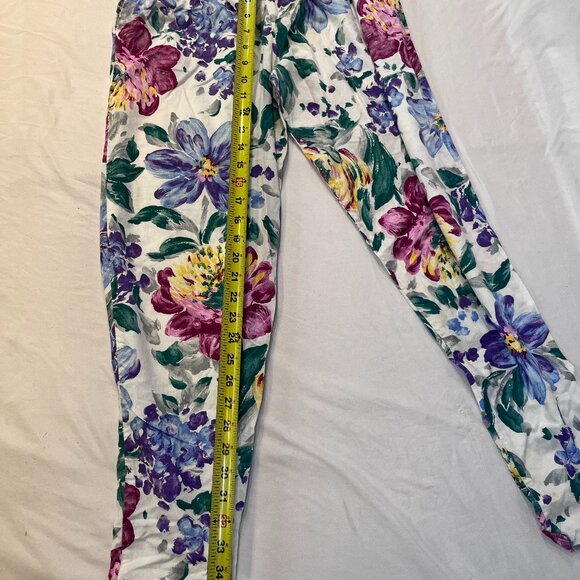 Vintage 90s Floral Print High-Waisted Leggings - Pink & Purple - Size M - Picture 4 of 5